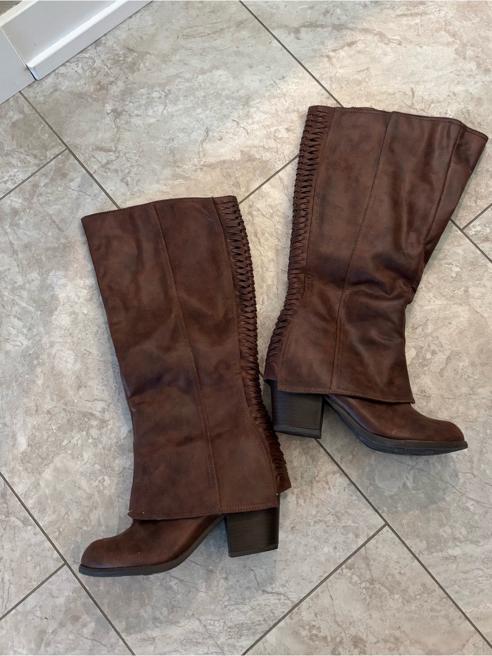 Fergalicious Brown Mid-Calf Braided-Trim Heeled Boots